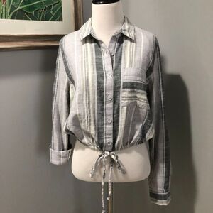 Blue White Striped 100% Cotton Cropped Waist Long Sleeve Shirt Blouse Med